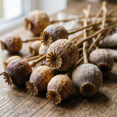 Close-up of premium dried poppy pods showing rich natural color and texture.
