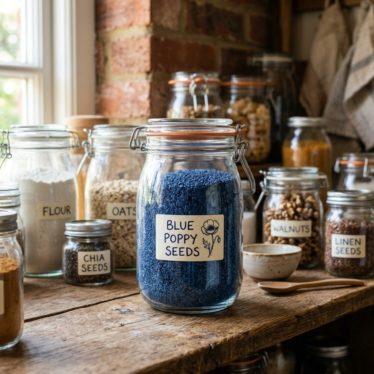 Blue poppy seeds stored in a sealed glass jar on a pantry shelf.