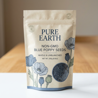 Premium non-GMO blue poppy seed packaging ready for online purchase.