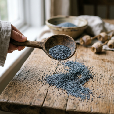 Opium seeds (Papaver somniferum seeds) spilling from a wooden spoon onto a rustic surface.