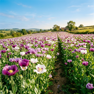 Field of blooming Papaver somniferum opium poppies with purple and white flowers.