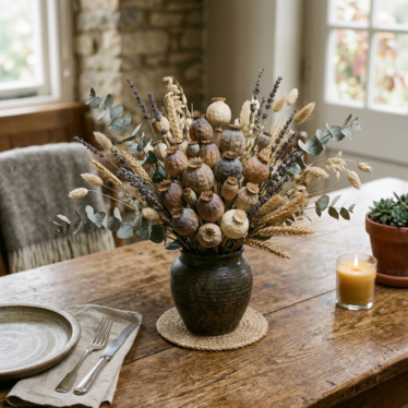 Dried opium poppy pods arranged in a decorative floral centerpiece.