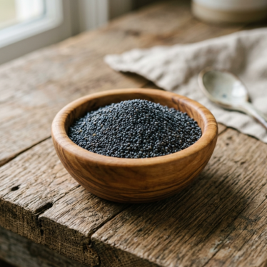 Organic blue poppy seeds displayed in a wooden bowl on a rustic wooden surface