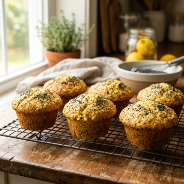 Golden lemon poppy seed muffins topped with organic blue poppy seeds cooling on a wire rack