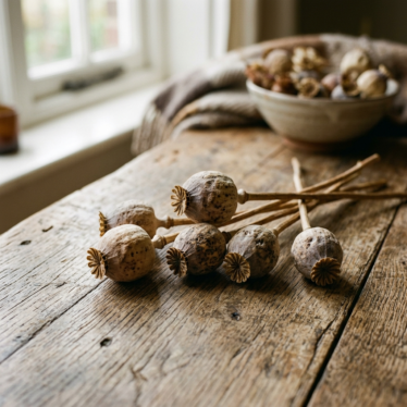 dried poppy seed pods with crown-shaped tops on rustic wood