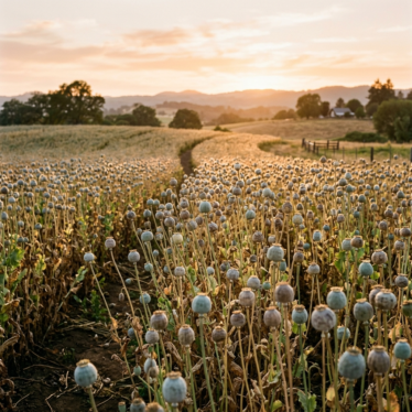 Sunlit poppy field with mature Papaver somniferum seed pods ready for organic harvest