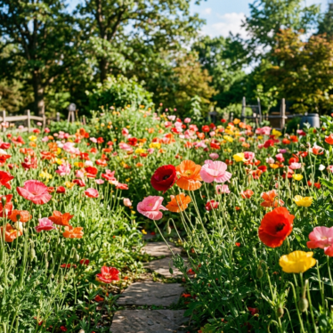 Papaver seeds grown into a garden bed of colorful blooming poppy flowers.