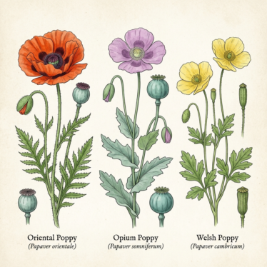 Comparison of Papaver somniferum, Papaver rhoeas, and Papaver orientale seed capsules.
