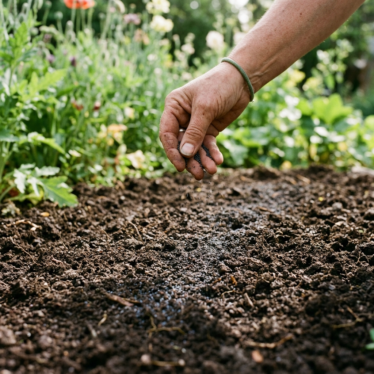 Papaver seeds being surface-sown thinly onto prepared, well-drained garden soil.