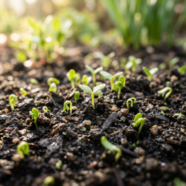 Papaver seedlings emerging on the soil surface one to three weeks after sowing.