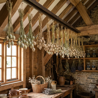 Papaver poppy pods hanging upside down to air dry in a low-light, ventilated area.