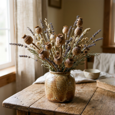 Decorative arrangement of dried Papaver poppy pods with lavender in a ceramic vase.