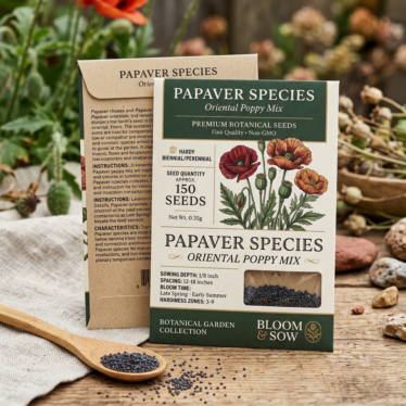 Premium Papaver seeds packaged and labeled with species, propagation method, and quantity.