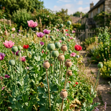 papaver somniferum pods maturing on tall stems in a sunny garden"]