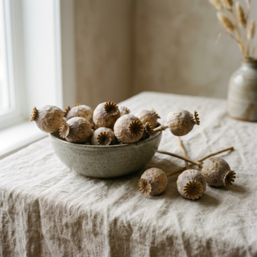 Premium dried poppy pods with papery texture and rounded seed capsules on soft linen.