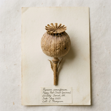 Single dried Papaver somniferum poppy pod showing crowned top and earthy tan color.