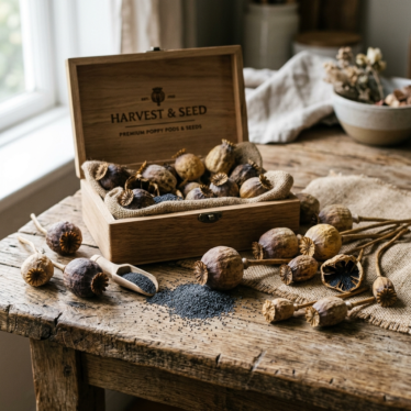 Freshly delivered premium poppy pod seeds and dried pods unboxed on a wooden table.