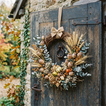 Rustic autumn wreath made with dried poppy pods, wheat, and eucalyptus on a wooden door.