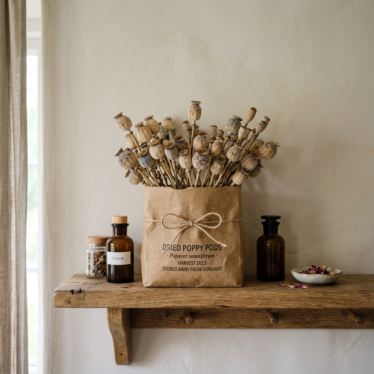 Dried poppy pods stored in a breathable paper container on a shelf away from sunlight.