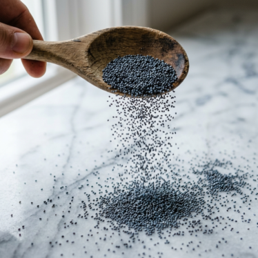 Close-up of premium blue poppy seeds spilling from a wooden spoon.