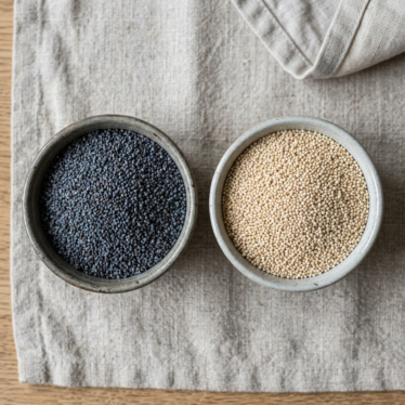 Blue poppy seeds and white poppy seeds compared side by side in ceramic bowls.