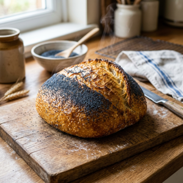 Freshly baked golden bread loaf topped with blue poppy seeds.