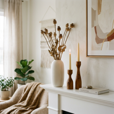 Poppy pod decor Australia — tall dried poppy pods styled on a timber mantel with neutral home accents.