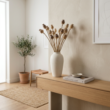 dried poppy seed pods decorating a modern entryway console table