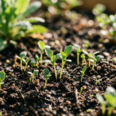 Blue poppy seedlings emerging from well-drained garden soil.