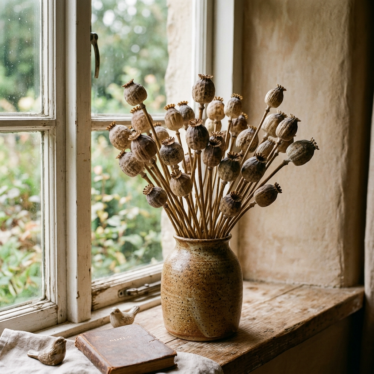 Rustic bouquet of dried poppy pods in a ceramic vase as home décor.