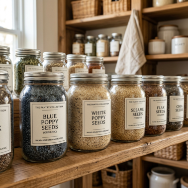 Airtight jars of blue and white poppy seeds stored on a pantry shelf.