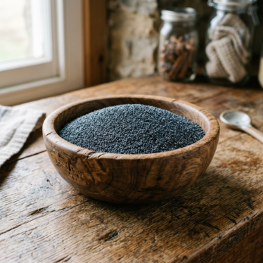 Premium blue poppy seeds in a wooden bowl ready for baking and cooking.