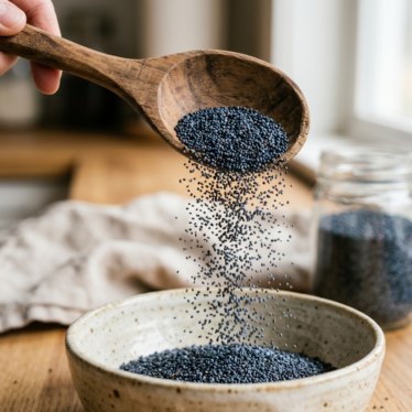 Premium blue poppy seeds pouring from a spoon, showing deep slate-blue color and clean texture.