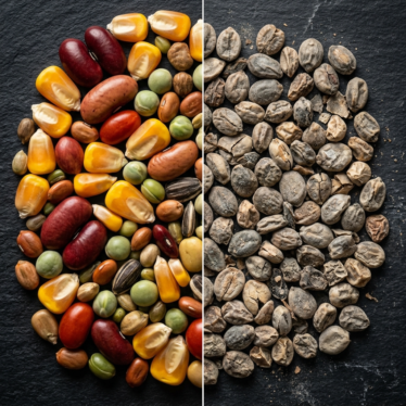 Comparison of premium blue poppy seeds versus faded, low-grade seeds.