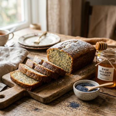 Blue poppy seed loaf cake sliced open next to a bowl of seeds and honey.