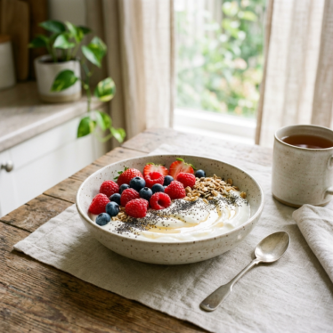 Healthy breakfast bowl topped with blue poppy seeds, berries, and yogurt showing their nutritional value.