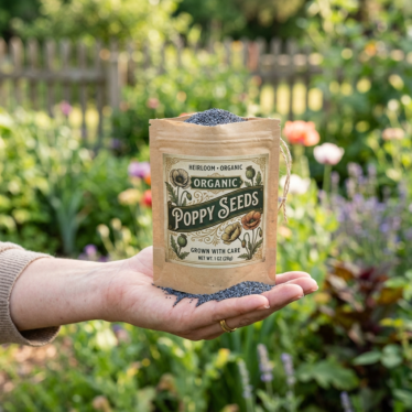 Organic and heirloom blue poppy seeds displayed with clear sourcing labels.