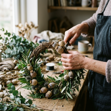 crafter making a dried poppy seed pods wreath with greenery