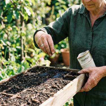 Gardener surface-sowing premium blue poppy seeds into a well-drained seed tray.