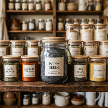 Premium blue poppy seeds stored in a labeled airtight glass jar on a pantry shelf to stay fresh.