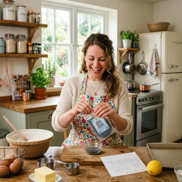 Home cook happily unpacking premium blue poppy seeds ordered online from a trusted supplier.