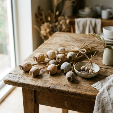 premium dried poppy pods on a rustic wooden table with soft natural lighting