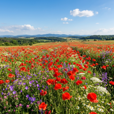 A vibrant field of blooming poppies showing purple and white flowers under a blue sky