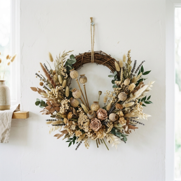 A beautiful dried floral wreath featuring poppy pods hanging on a white wall