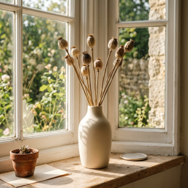 A styled minimalist ceramic vase holding tall poppy pods on a sunlit windowsill