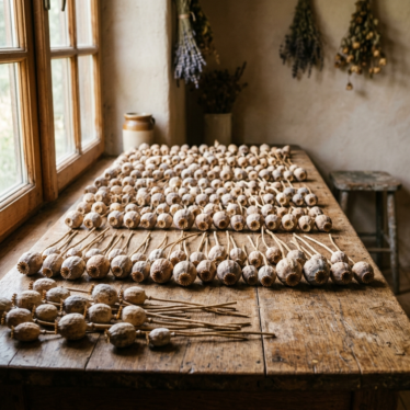 drying poppy seed pods arranged on a surface in a ventilated room