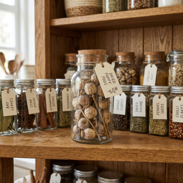 Dried poppy pods neatly stored in a labeled glass jar on a pantry shelf