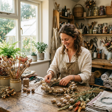 Lifestyle shot of a smiling crafter arranging poppy pods at a sunlit workbench