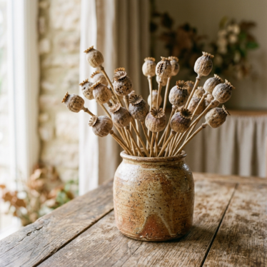 dry poppy seed pods in a rustic floral arrangement on a wooden table.