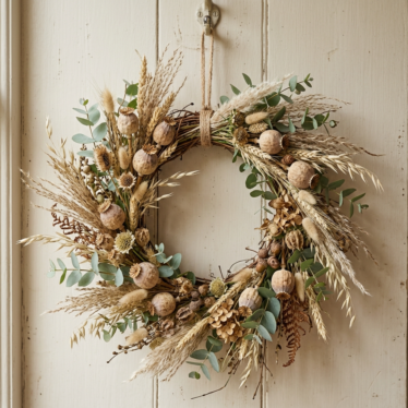 dry poppy seed pods in a decorative autumn wreath with eucalyptus.